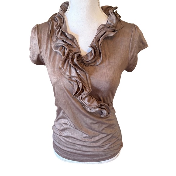 Iz Byer Tops - Y2K Taupe Waterfall Ruffle Faux Wrap Top Metallic Small Ruched Glam Romantic